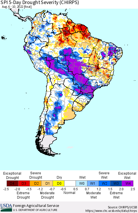 South America SPI 5-Day Drought Severity (CHIRPS) Thematic Map For 8/6/2022 - 8/10/2022