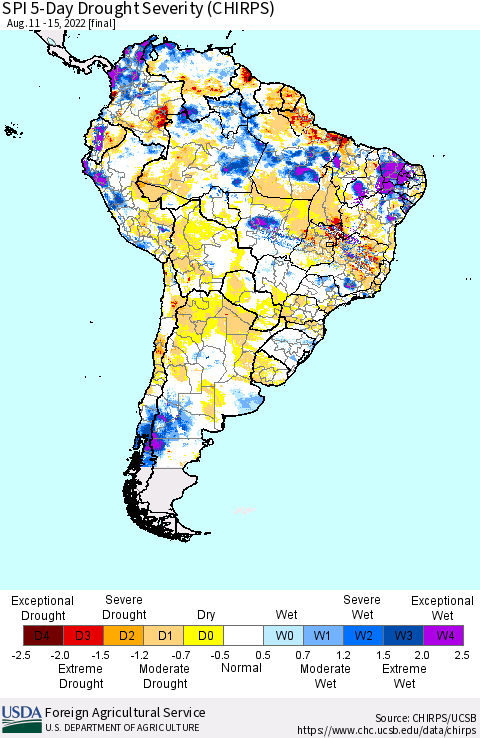 South America SPI 5-Day Drought Severity (CHIRPS) Thematic Map For 8/11/2022 - 8/15/2022