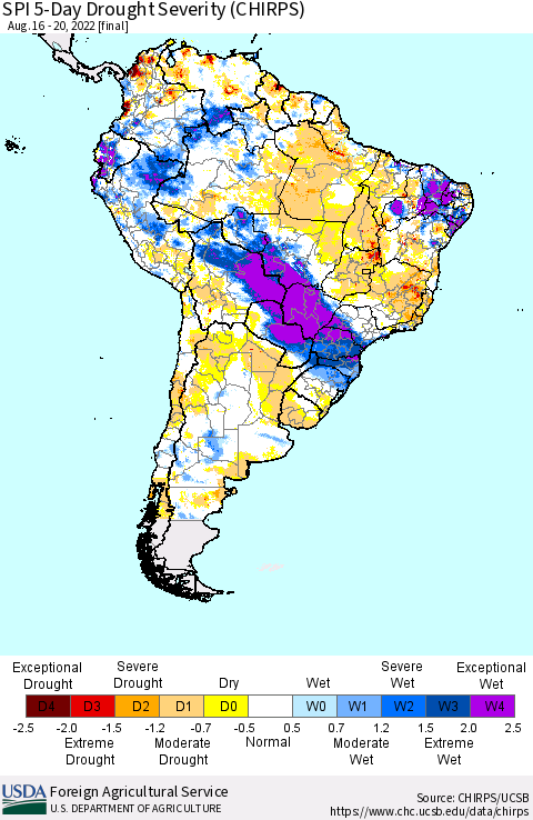 South America SPI 5-Day Drought Severity (CHIRPS) Thematic Map For 8/16/2022 - 8/20/2022