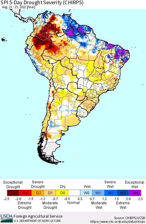 South America SPI 5-Day Drought Severity (CHIRPS) Thematic Map For 8/21/2022 - 8/25/2022