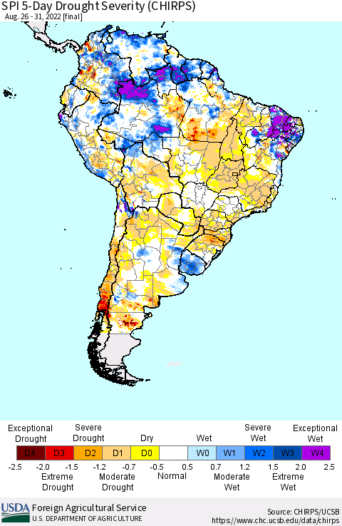 South America SPI 5-Day Drought Severity (CHIRPS) Thematic Map For 8/26/2022 - 8/31/2022