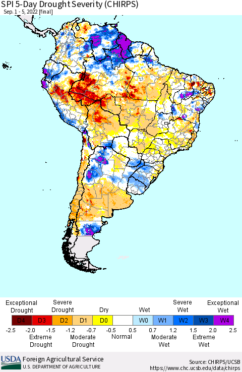 South America SPI 5-Day Drought Severity (CHIRPS) Thematic Map For 9/1/2022 - 9/5/2022