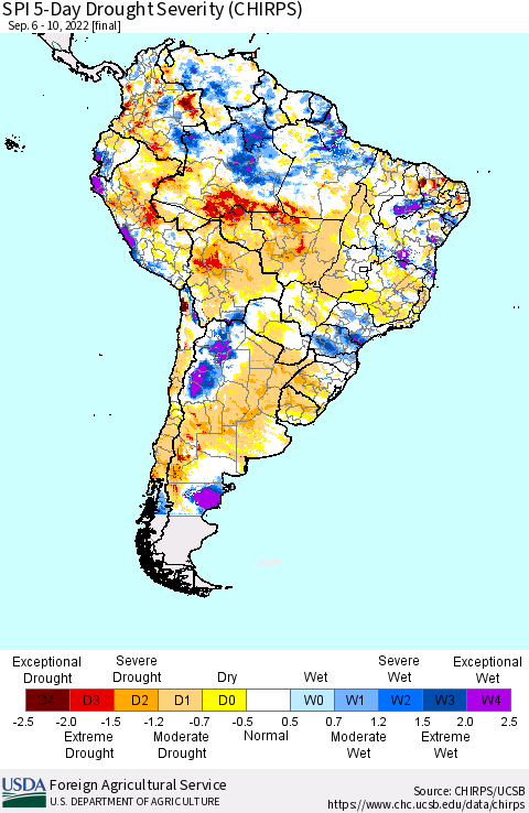 South America SPI 5-Day Drought Severity (CHIRPS) Thematic Map For 9/6/2022 - 9/10/2022