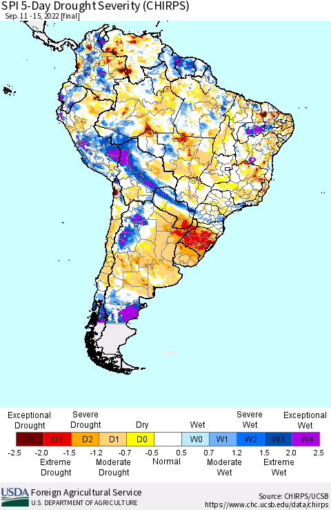 South America SPI 5-Day Drought Severity (CHIRPS) Thematic Map For 9/11/2022 - 9/15/2022