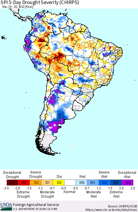 South America SPI 5-Day Drought Severity (CHIRPS) Thematic Map For 9/16/2022 - 9/20/2022