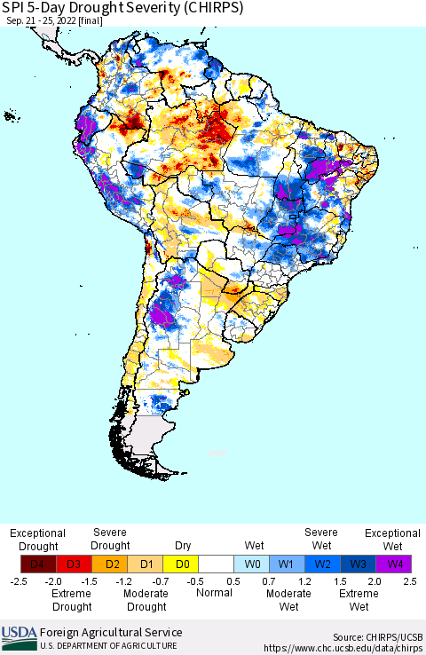 South America SPI 5-Day Drought Severity (CHIRPS) Thematic Map For 9/21/2022 - 9/25/2022