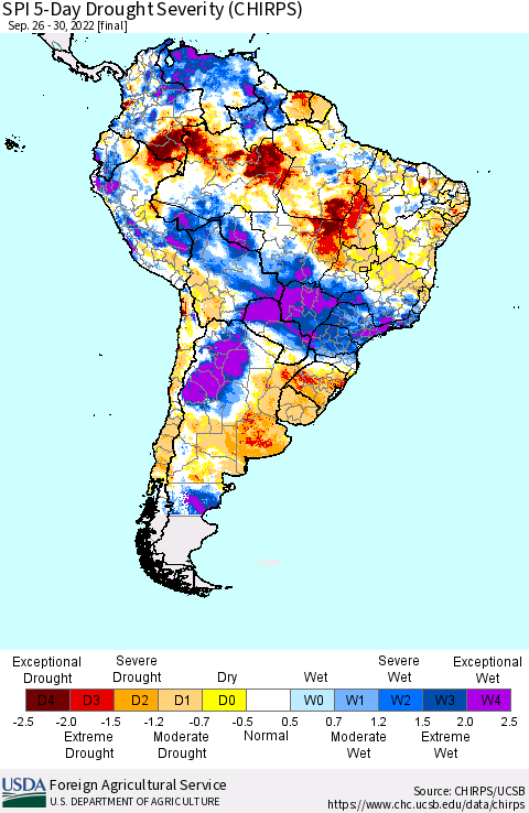 South America SPI 5-Day Drought Severity (CHIRPS) Thematic Map For 9/26/2022 - 9/30/2022