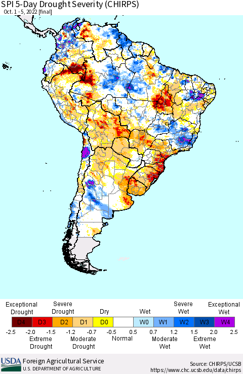 South America SPI 5-Day Drought Severity (CHIRPS) Thematic Map For 10/1/2022 - 10/5/2022