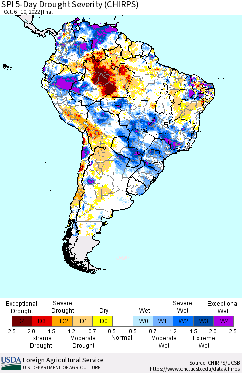 South America SPI 5-Day Drought Severity (CHIRPS) Thematic Map For 10/6/2022 - 10/10/2022