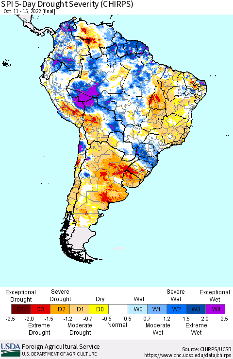South America SPI 5-Day Drought Severity (CHIRPS) Thematic Map For 10/11/2022 - 10/15/2022