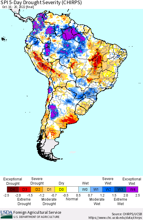 South America SPI 5-Day Drought Severity (CHIRPS) Thematic Map For 10/16/2022 - 10/20/2022