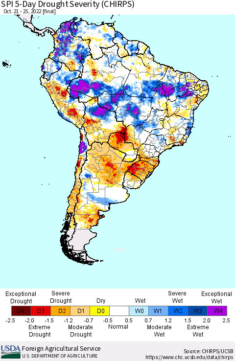 South America SPI 5-Day Drought Severity (CHIRPS) Thematic Map For 10/21/2022 - 10/25/2022
