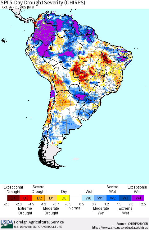 South America SPI 5-Day Drought Severity (CHIRPS) Thematic Map For 10/26/2022 - 10/31/2022
