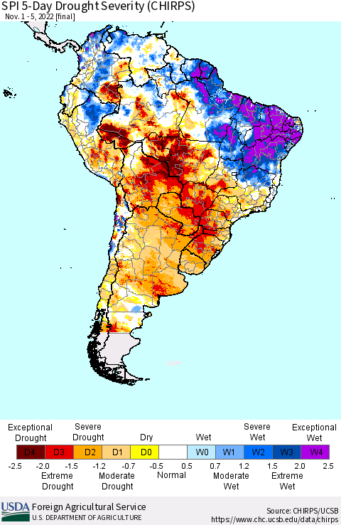 South America SPI 5-Day Drought Severity (CHIRPS) Thematic Map For 11/1/2022 - 11/5/2022