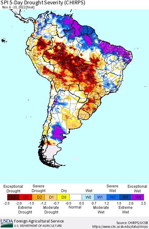 South America SPI 5-Day Drought Severity (CHIRPS) Thematic Map For 11/6/2022 - 11/10/2022