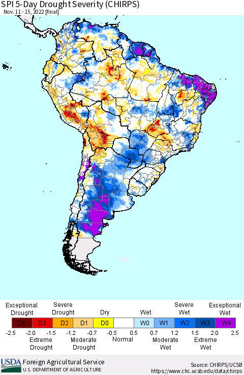 South America SPI 5-Day Drought Severity (CHIRPS) Thematic Map For 11/11/2022 - 11/15/2022