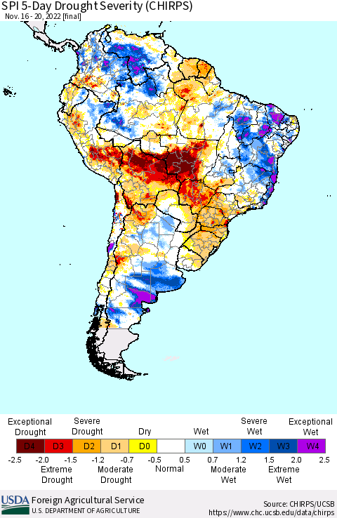 South America SPI 5-Day Drought Severity (CHIRPS) Thematic Map For 11/16/2022 - 11/20/2022