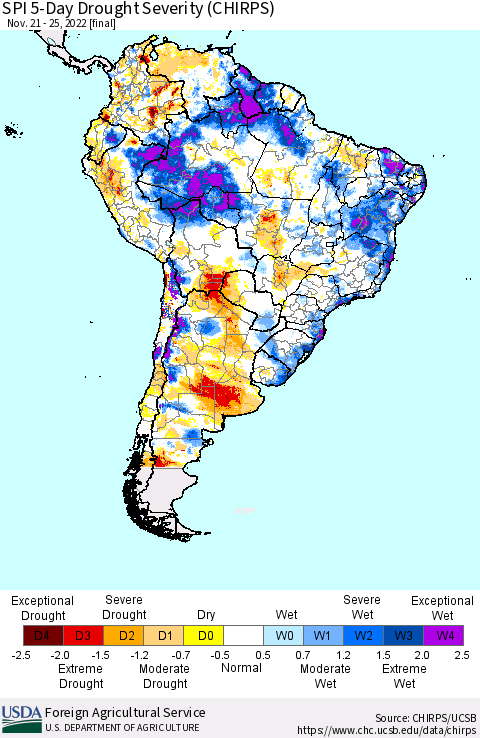 South America SPI 5-Day Drought Severity (CHIRPS) Thematic Map For 11/21/2022 - 11/25/2022