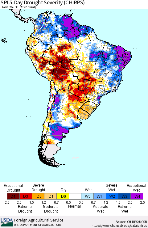 South America SPI 5-Day Drought Severity (CHIRPS) Thematic Map For 11/26/2022 - 11/30/2022