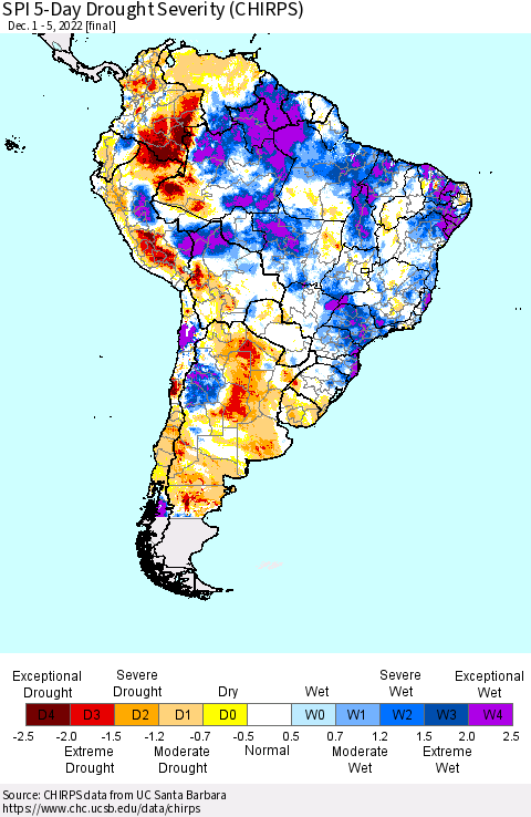 South America SPI 5-Day Drought Severity (CHIRPS) Thematic Map For 12/1/2022 - 12/5/2022
