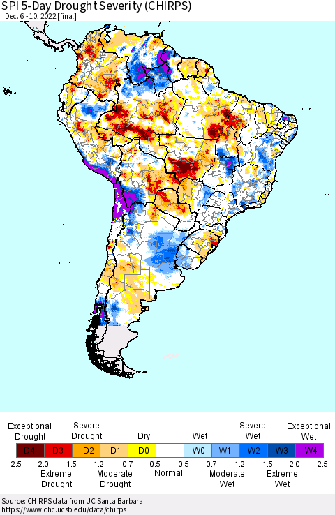 South America SPI 5-Day Drought Severity (CHIRPS) Thematic Map For 12/6/2022 - 12/10/2022