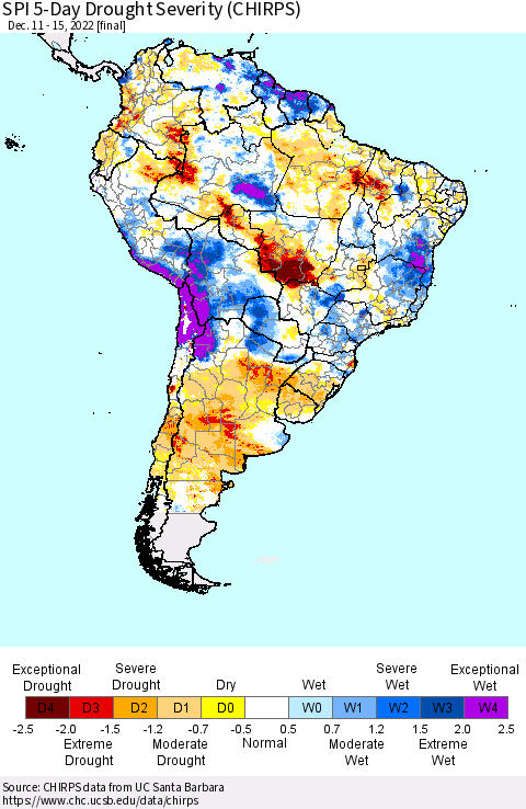 South America SPI 5-Day Drought Severity (CHIRPS) Thematic Map For 12/11/2022 - 12/15/2022