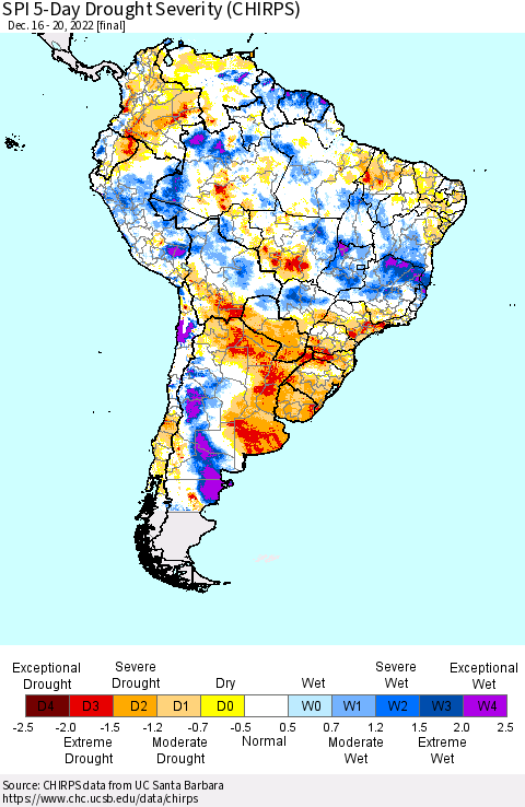South America SPI 5-Day Drought Severity (CHIRPS) Thematic Map For 12/16/2022 - 12/20/2022