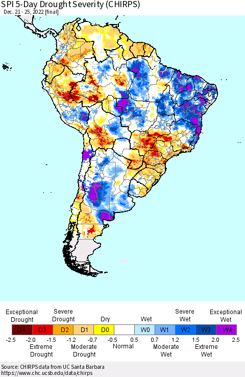 South America SPI 5-Day Drought Severity (CHIRPS) Thematic Map For 12/21/2022 - 12/25/2022