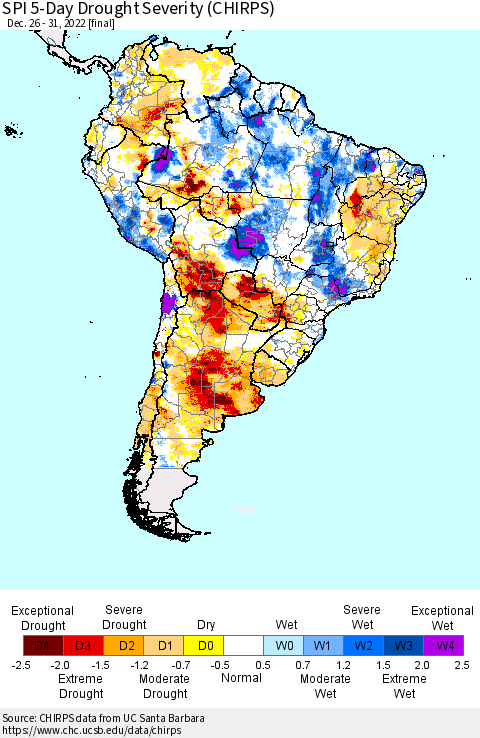 South America SPI 5-Day Drought Severity (CHIRPS) Thematic Map For 12/26/2022 - 12/31/2022