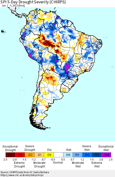 South America SPI 5-Day Drought Severity (CHIRPS) Thematic Map For 1/1/2023 - 1/5/2023