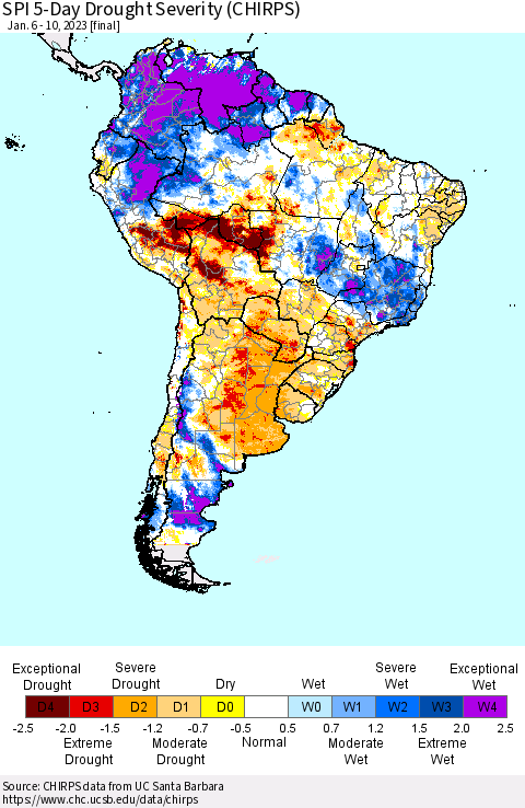 South America SPI 5-Day Drought Severity (CHIRPS) Thematic Map For 1/6/2023 - 1/10/2023