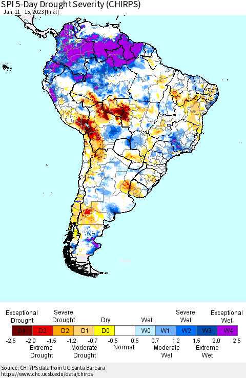 South America SPI 5-Day Drought Severity (CHIRPS) Thematic Map For 1/11/2023 - 1/15/2023