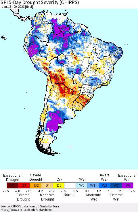 South America SPI 5-Day Drought Severity (CHIRPS) Thematic Map For 1/16/2023 - 1/20/2023