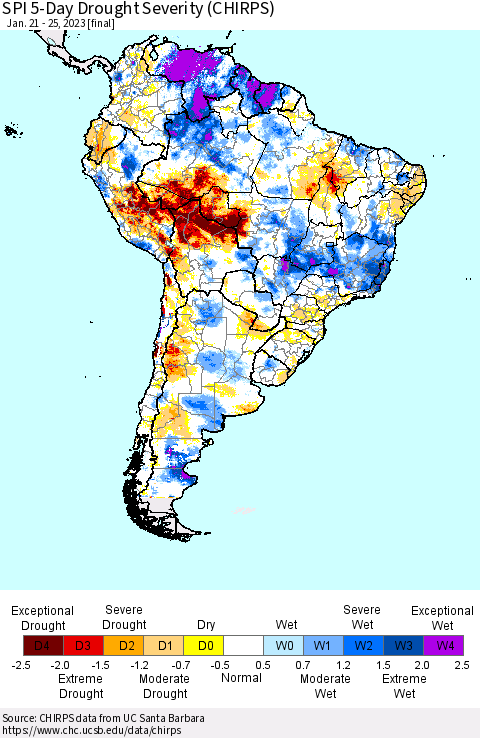 South America SPI 5-Day Drought Severity (CHIRPS) Thematic Map For 1/21/2023 - 1/25/2023