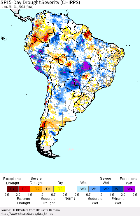 South America SPI 5-Day Drought Severity (CHIRPS) Thematic Map For 1/26/2023 - 1/31/2023