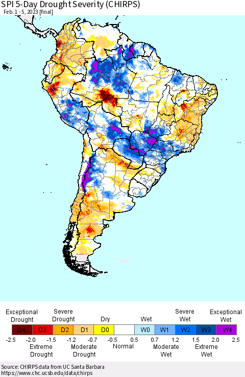South America SPI 5-Day Drought Severity (CHIRPS) Thematic Map For 2/1/2023 - 2/5/2023