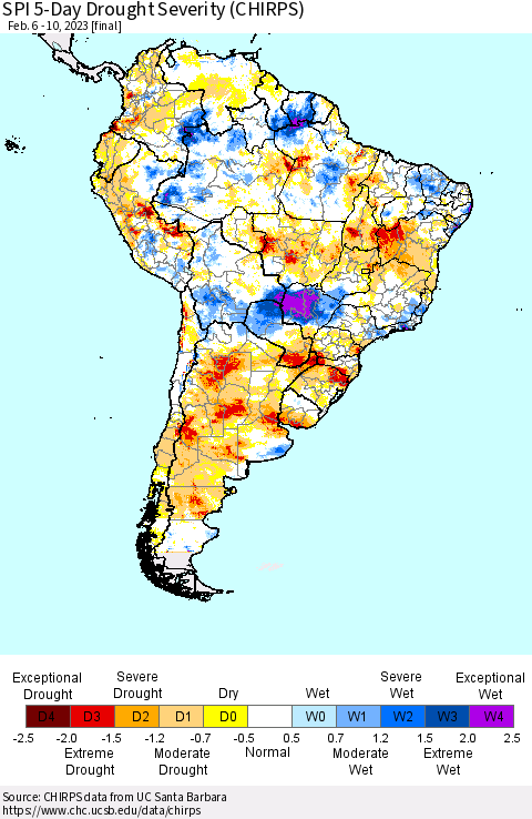 South America SPI 5-Day Drought Severity (CHIRPS) Thematic Map For 2/6/2023 - 2/10/2023