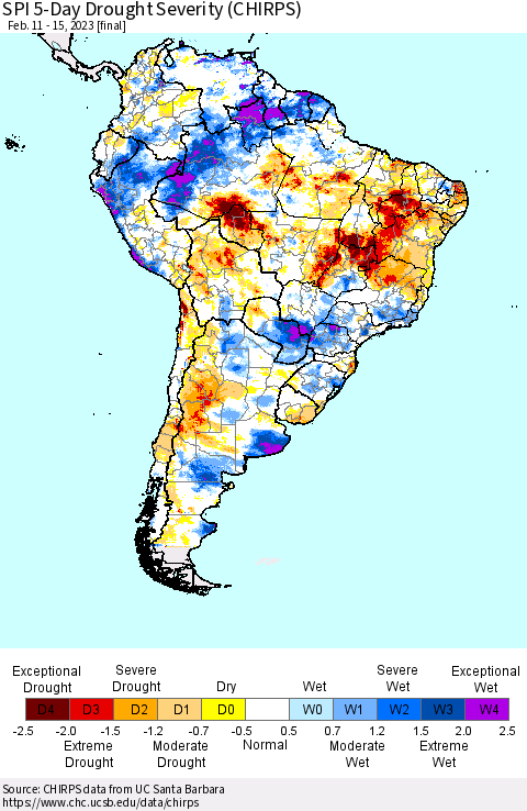 South America SPI 5-Day Drought Severity (CHIRPS) Thematic Map For 2/11/2023 - 2/15/2023