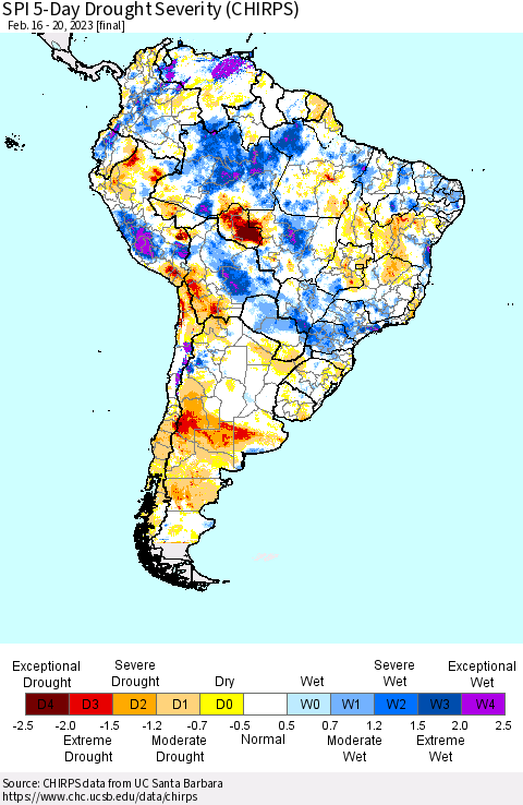 South America SPI 5-Day Drought Severity (CHIRPS) Thematic Map For 2/16/2023 - 2/20/2023