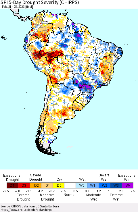 South America SPI 5-Day Drought Severity (CHIRPS) Thematic Map For 2/21/2023 - 2/25/2023