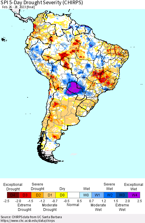 South America SPI 5-Day Drought Severity (CHIRPS) Thematic Map For 2/26/2023 - 2/28/2023