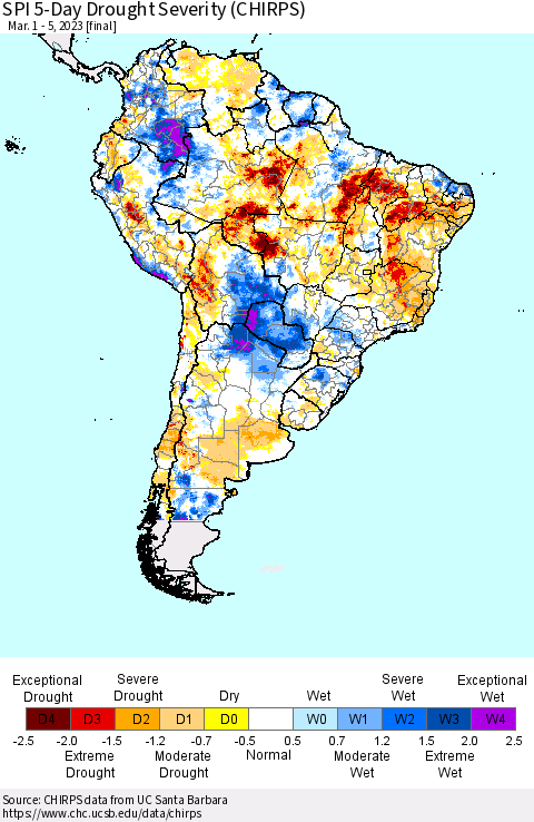 South America SPI 5-Day Drought Severity (CHIRPS) Thematic Map For 3/1/2023 - 3/5/2023