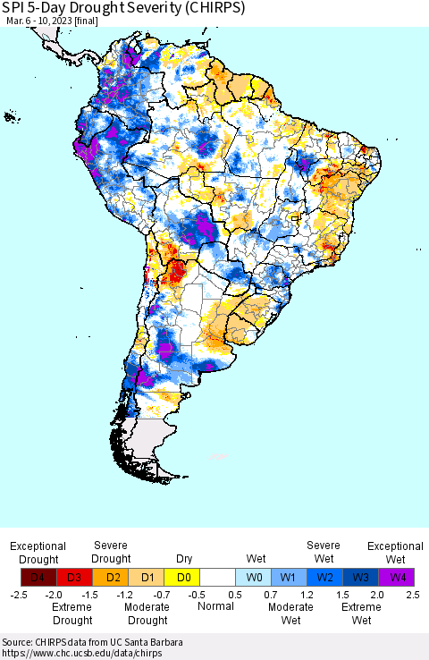 South America SPI 5-Day Drought Severity (CHIRPS) Thematic Map For 3/6/2023 - 3/10/2023
