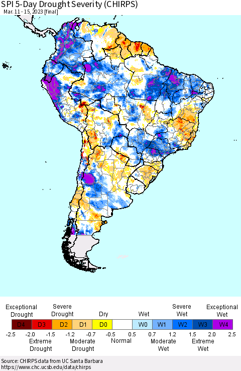 South America SPI 5-Day Drought Severity (CHIRPS) Thematic Map For 3/11/2023 - 3/15/2023