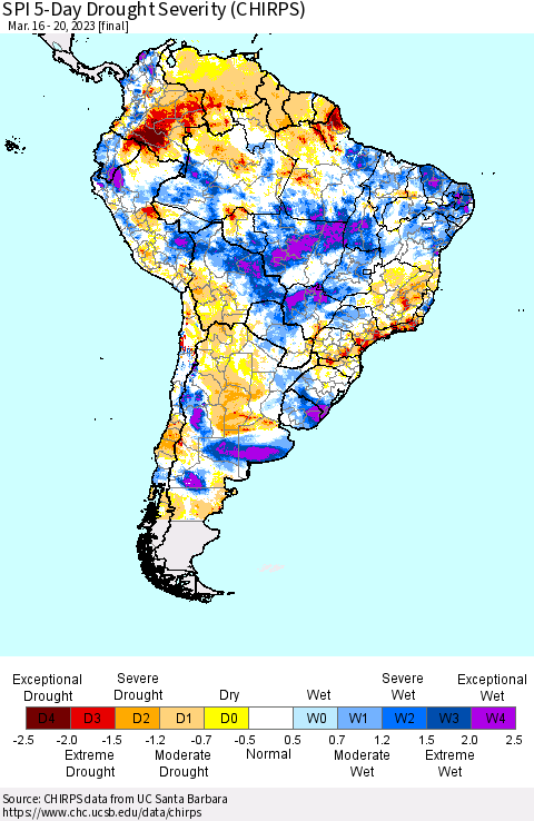 South America SPI 5-Day Drought Severity (CHIRPS) Thematic Map For 3/16/2023 - 3/20/2023