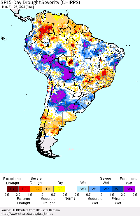 South America SPI 5-Day Drought Severity (CHIRPS) Thematic Map For 3/21/2023 - 3/25/2023