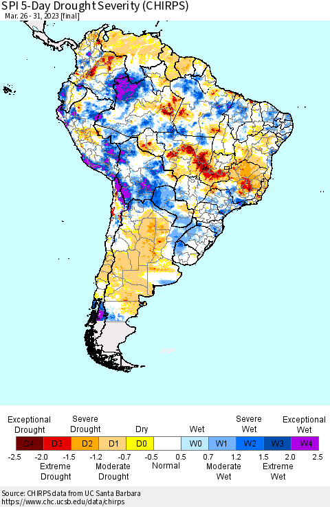 South America SPI 5-Day Drought Severity (CHIRPS) Thematic Map For 3/26/2023 - 3/31/2023
