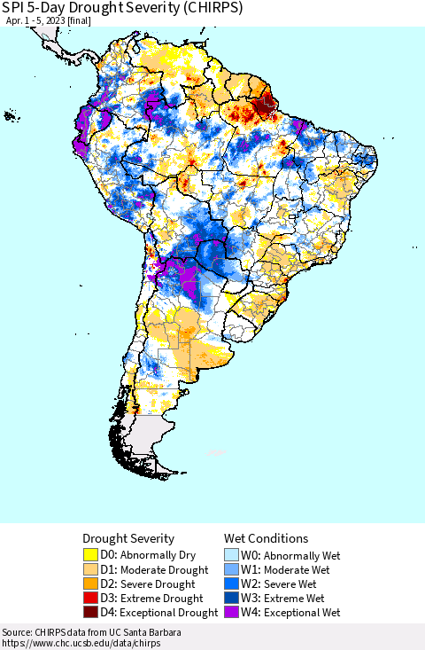 South America SPI 5-Day Drought Severity (CHIRPS) Thematic Map For 4/1/2023 - 4/5/2023