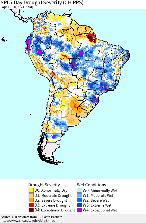South America SPI 5-Day Drought Severity (CHIRPS) Thematic Map For 4/6/2023 - 4/10/2023