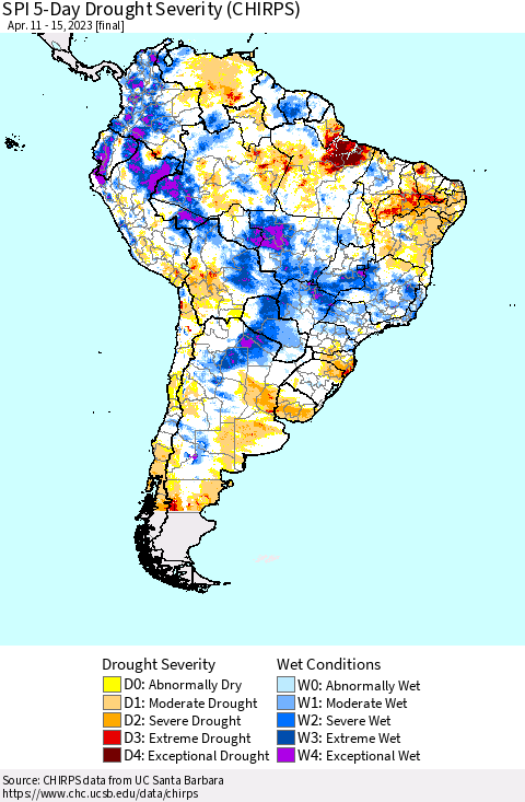 South America SPI 5-Day Drought Severity (CHIRPS) Thematic Map For 4/11/2023 - 4/15/2023